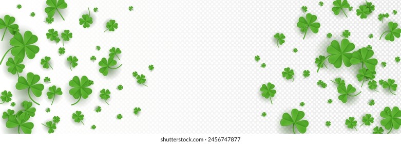 St Patrick Day white background with green clover leaf with three and four petals. Realistic 3d vector bg with shamrock border for lucky Irish design. Banner with flying trefoil and quatrefoil.