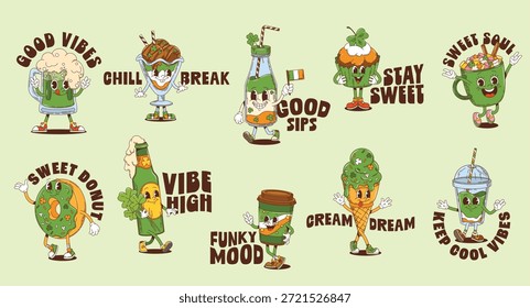 Día de San Patricio Y2K groovy pegatinas con personajes de vacaciones irlandesas, Vector de dibujos animados. Groovy cerveza verde ale con cara divertida y bandera de Irlanda, donut y cupcake con trébol para pegatinas de San Patricio