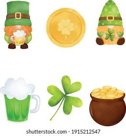 St. patrick element collection with cute cartoon gnome, shamrock, beer, pot of gold, coin