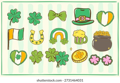 St Patrick Element Handgezeichnetes Symbol-Set, Kobold-Hut, Shamrock, Klee, Gold, Topf, Regenbogen, Bier und Irland im verspielten Cartoon-Stil