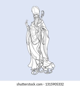 St. Patrick expelling snakes from Ireland. illustration for the St. Patric's day. Poster or greeting card design. Black and white drawing isolated on a grey background. EPS10 vector illustration.
