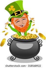 St. Patrick exulting inside pot of gold isolated