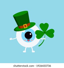 St Patrick eyeball in leprechaun hat and shamrock in hand. Ophthalmology irish character with three leaves clover, green cylinder hat. Flat design cartoon eye ball celebration vector illustration.