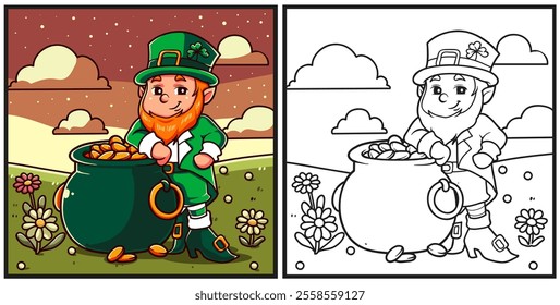 St Patrick is in the garden with a pot of coins coloring page illustration