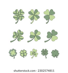 St. Patrick green shamrock leaves vector illustrations set isolated on white. Lucky clover leaf. Retro 70s 60s Groovy Patrick design.