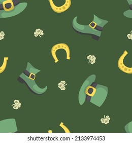 st Patrick green shoes hat and horseshoe seamless pattern background wallpaper texture