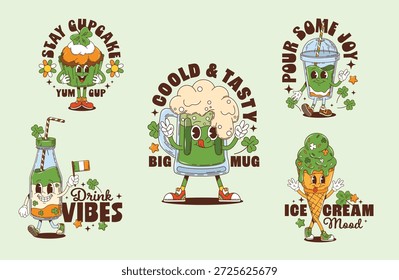 St Patrick groovy character stickers and t shirt prints for Irish holiday, cartoon vector. Funny groovy green ale beer tankard with Ireland flag, cupcake with shamrock for Saint Patrick characters
