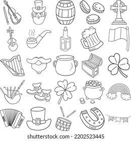 St. Patrick Hand Drawn Doodle Line Art Outline Set Containing Leprechaun, Gold coins, Top hat, Harp, Beard, Rainbow, Boots, Shamrock, Pot, Horseshoe, Flag, Clover, Treasure, Fiddle, Bagpipes