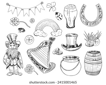 St. Patrick Hand Drawn Doodle Line Art Outline Set Containing Leprechaun, Gold coins, Top hat, Harp, Beard, Rainbow, Boots, Shamrock, Pot, Horseshoe, Clover, Treasure