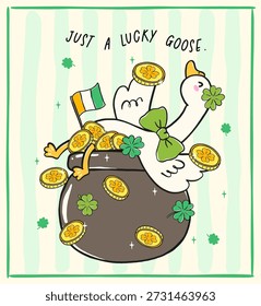 St Patrick Happy Lucky dumme Gans in Topf von Goldmünzen Cartoon handgezeichnet, nur eine glückliche Gans, für Aufkleber und T-Shirt Sublimation