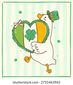 St Patrick Happy Lucky Silly Goose sostiene la bandera del corazón de Irlanda dibujada a mano, para la pegatina y la sublimación de la camiseta
