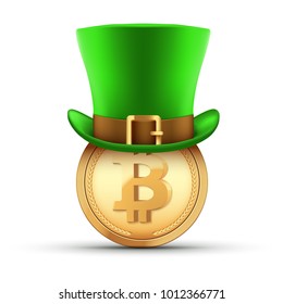 St Patrick hat with bitcoin gold coin. Design Element for Saint Patricks day. Symbol of Irish holiday. Vector illustration isolated on white background.