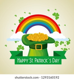 st patrick hat with gold coins and rainbow