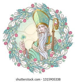 St. Patrick holding a clover leaf. Ornate floral frame in a shape of pink clover flowers wreath. illustration for the St. Patric's day. Poster or greeting card design. EPS10 vector illustration.