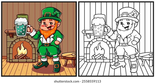 St Patrick is holding a drink inside the house near the campfire coloring page illustration