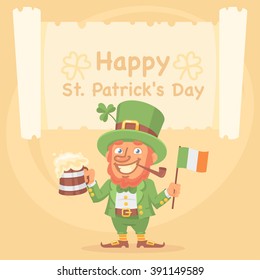 St. Patrick Holds Mug of Beer and Flag