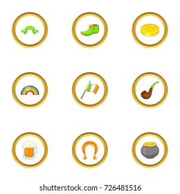 St. Patrick holiday icons set. Cartoon style set of 9 St. Patrick holiday vector icons for web design