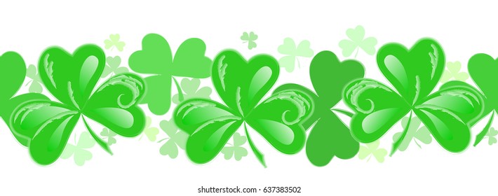 St Patrick horizontal decoration with green shamrocks. Seamless vector pattern
