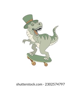 St. Patrick Irish party dinosaur in leprechaun hat on skate board vector illustration isolated on white. Retro 70s 60s Groovy Patrick design.