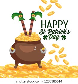 st patrick legs with boots and gold coins inside cauldron