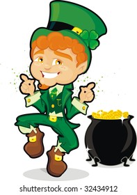 st. patrick leprechaun dancing around pot of gold