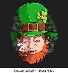 St Patrick Leprechaun face smoking pipe illustration in high quality and shadows, for St Patrick day designs