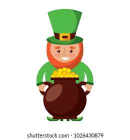 st patrick leprechaun holding pot full coins treasure