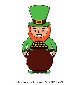 st patrick leprechaun holding pot full coins treasure
