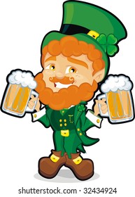 st. patrick leprechaun with mugs of beer