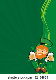 st. patrick leprechaun over background with mugs of beer