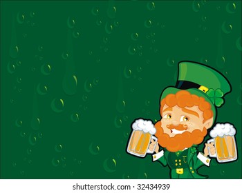 st. patrick leprechaun over background with mugs of beer