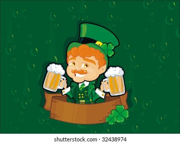 st. patrick leprechaun over background with mugs of beer