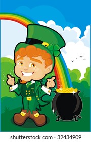 st. patrick leprechaun with pot of gold over field
