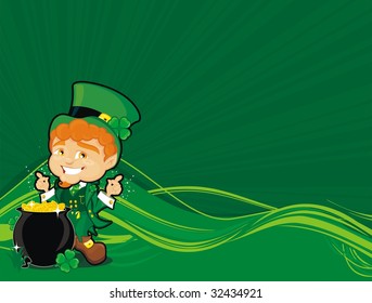 st. patrick leprechaun with pot of gold over background