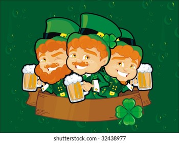 st. patrick leprechauns over background with mugs of beers