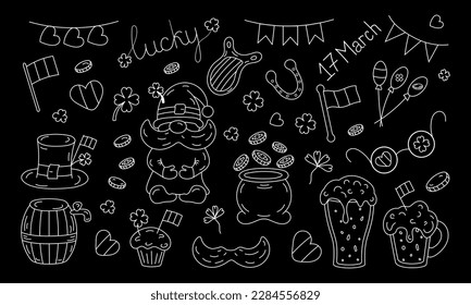 St Patrick line vector set. White on black. Pot of gold, clover, flag, beer, balloon, mustache, coin