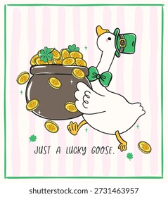 St Patrick Ganso de sorte bobo segurando pote de moedas de ouro executando desenho animado mão desenhada, apenas um ganso de sorte, para adesivo e sublimação de camiseta
