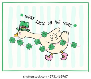 St Patrick Suerte ganso tonto ansiedad corriendo con guirnalda de trébol y sombrero de duende dibujado a mano