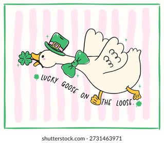 St Patrick Lucky silly goose anxiety running with clover leaf in beak cartoon hand drawn, goose on the loose, for sticker and t shirt sublimation