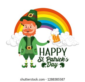 st patrick man with beer glass and rainbow