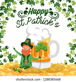 st patrick man with clover and beer glass
