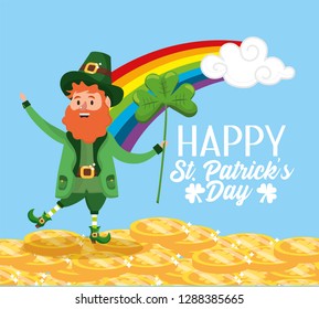 st patrick man with clover and gold coins with rainbow