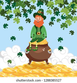 st patrick man with gold coins inside cauldron and clovers