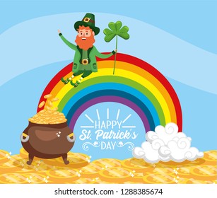 st patrick man with gold coins inside cauldron and rainbow