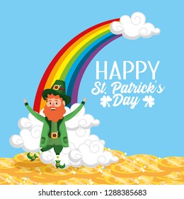 st patrick man with gold coins and clouds with rainbow