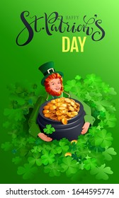 St. Patrick man holding big pot of gold coins