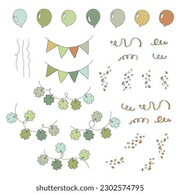 St Patrick party festive objects clipart set isolated on white. Green confetti, balloons, shamrock garland, bunting elements. Retro 70s 60s Groovy Patrick design.