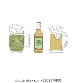 St Patrick party green leprechaun Irish beer vector illustration isolated on white. Retro 70s 60s Groovy Patrick design.