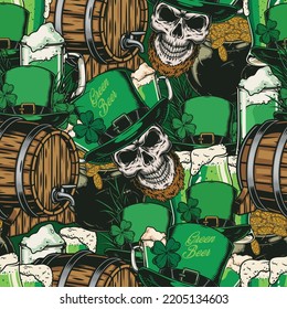 St. Patrick pattern seamless vintage colorful with skull in green hat and barrels of yarrow-leaf ale or beer vector illustration
