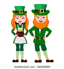 St. Patrick with a red beard and woman in a suit.